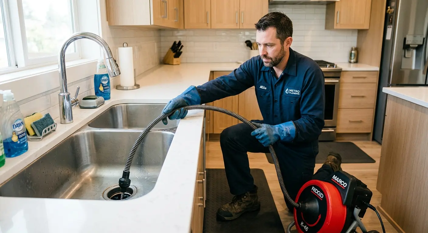 Drain cleaning technician using a motorized snake on a kitchen sink in Pleasant Hill