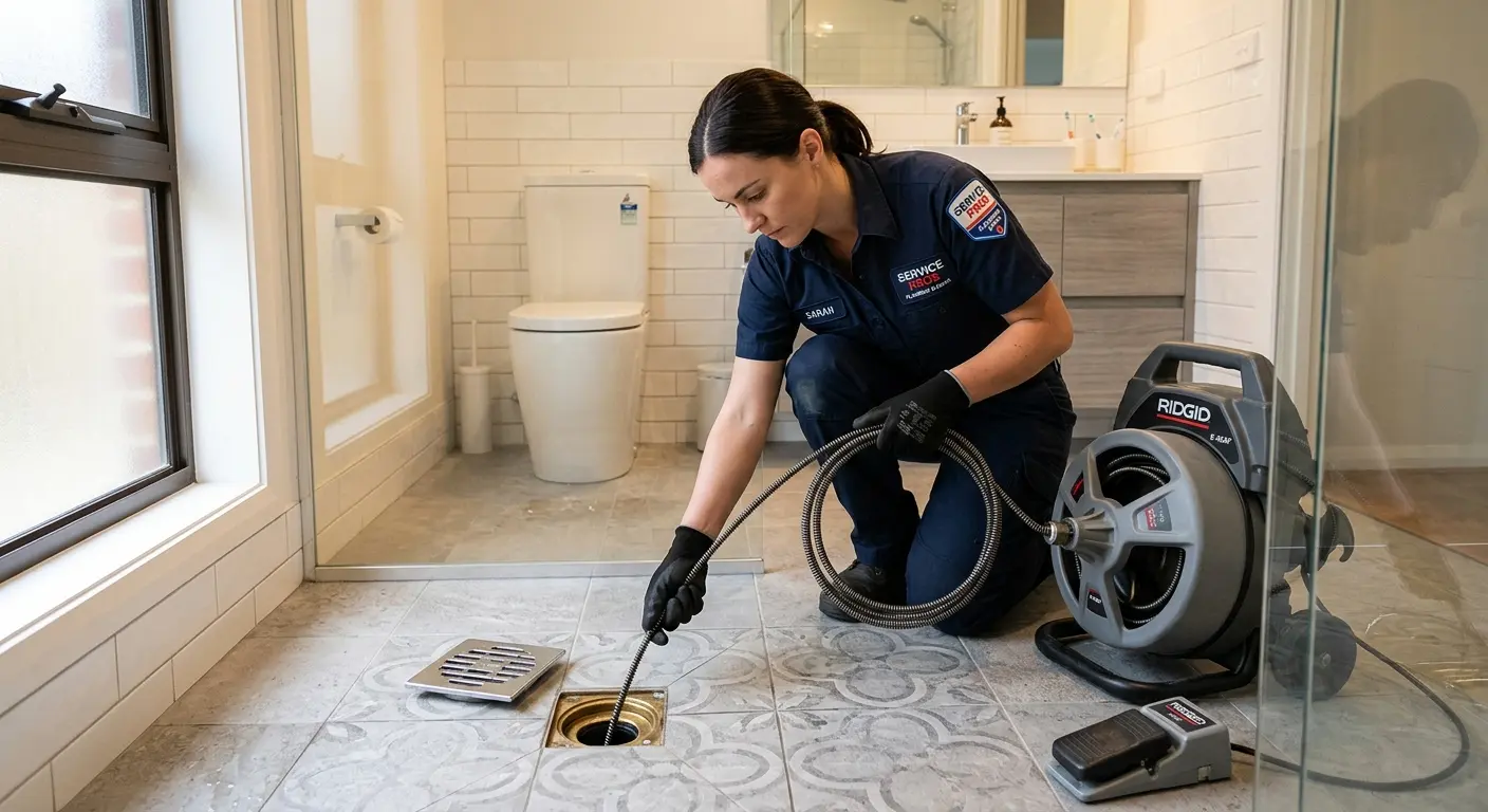 Technician clearing a bathroom floor drain for Clogged Drain Repair in Pleasant Hill
